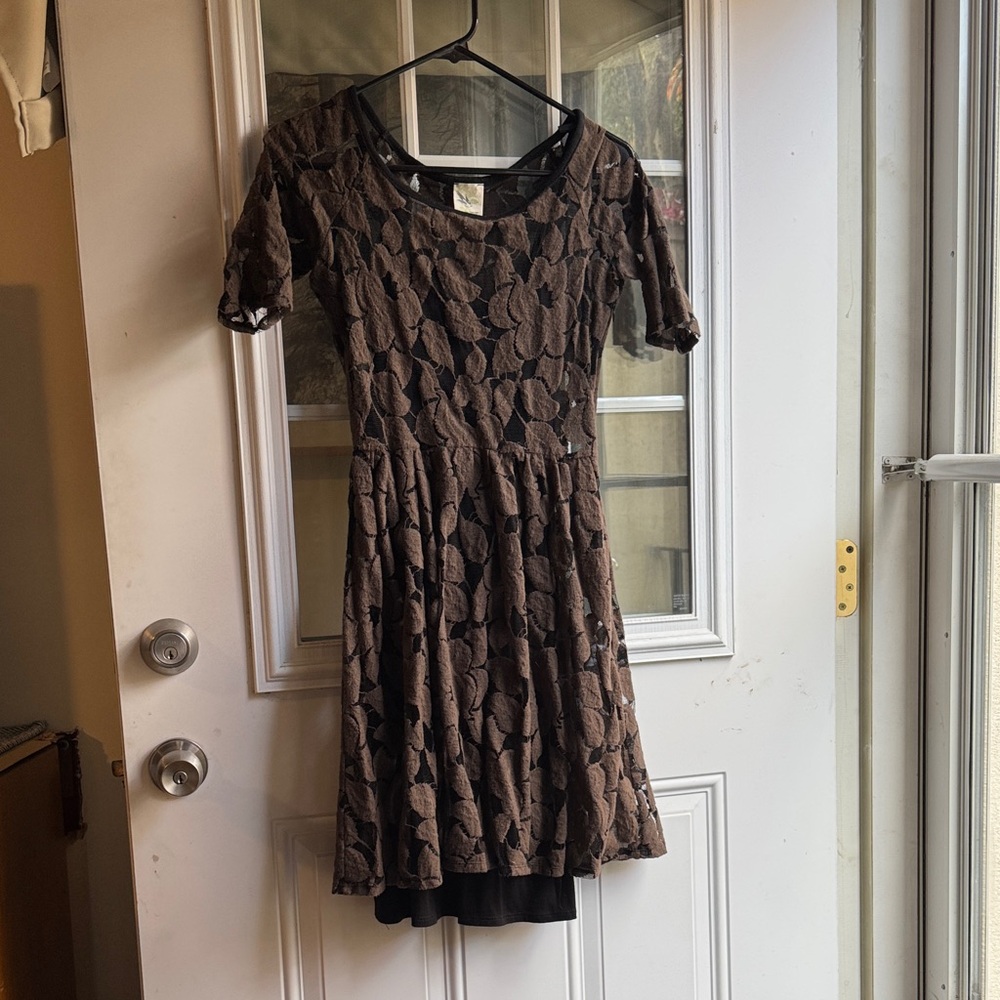 Anthropologie Black and Brown Leaf Pattern Mini Dress